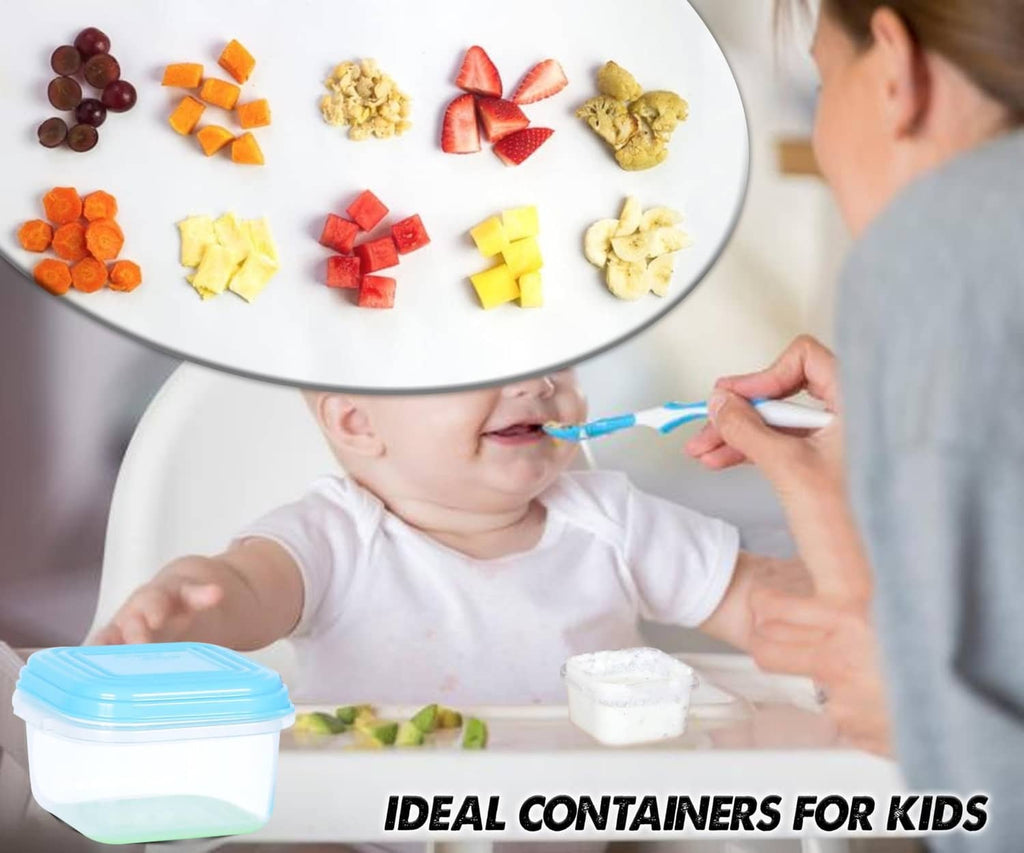 Baby food container with blue lid on table while a child eats