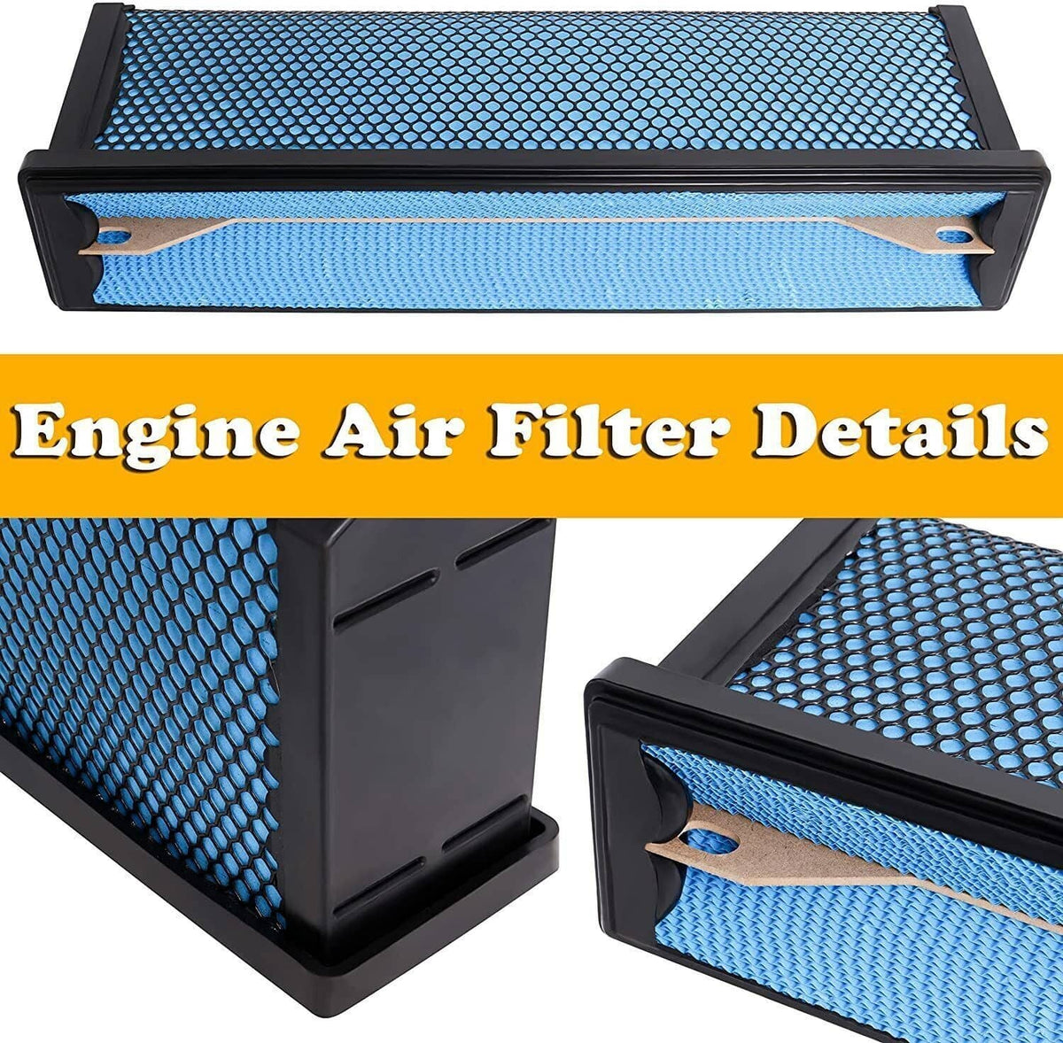 Blue mesh engine air filter with black end caps and side fastener holes