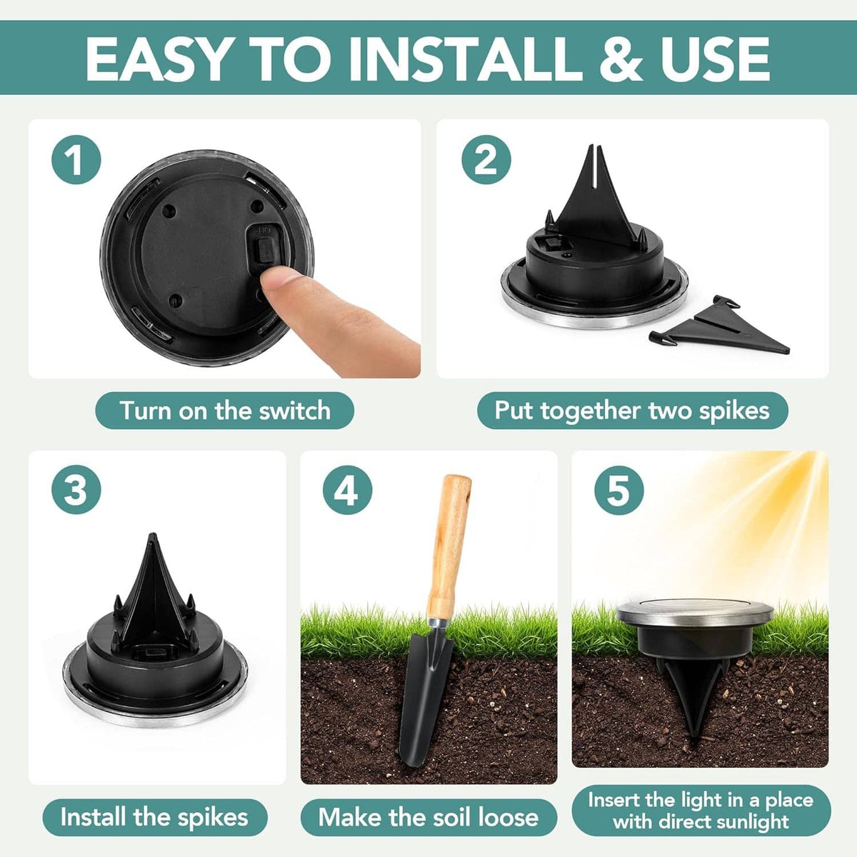 Mini solar ground lights installation: solar disk with mounting spikes, easy setup
