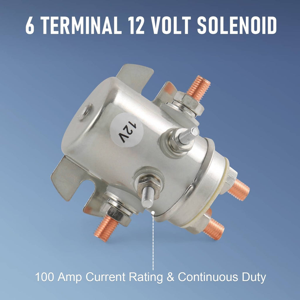 12V 6-terminal solenoid relay with top and side copper terminals, silver housing