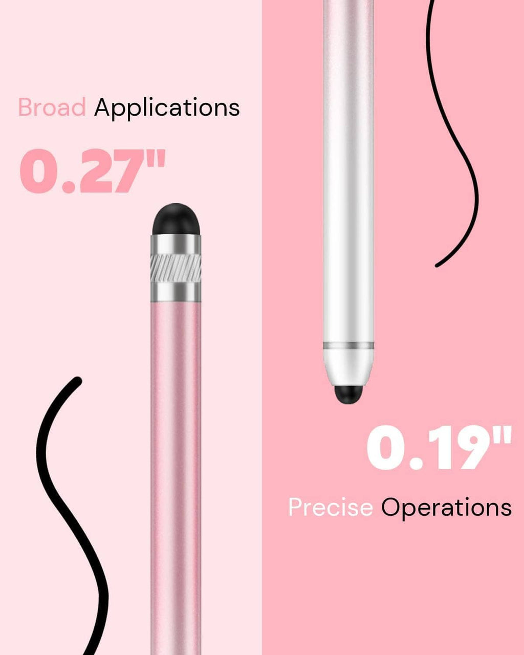 Slim capacitive stylus pen with pink body, silver barrel, black tip; size marked.
