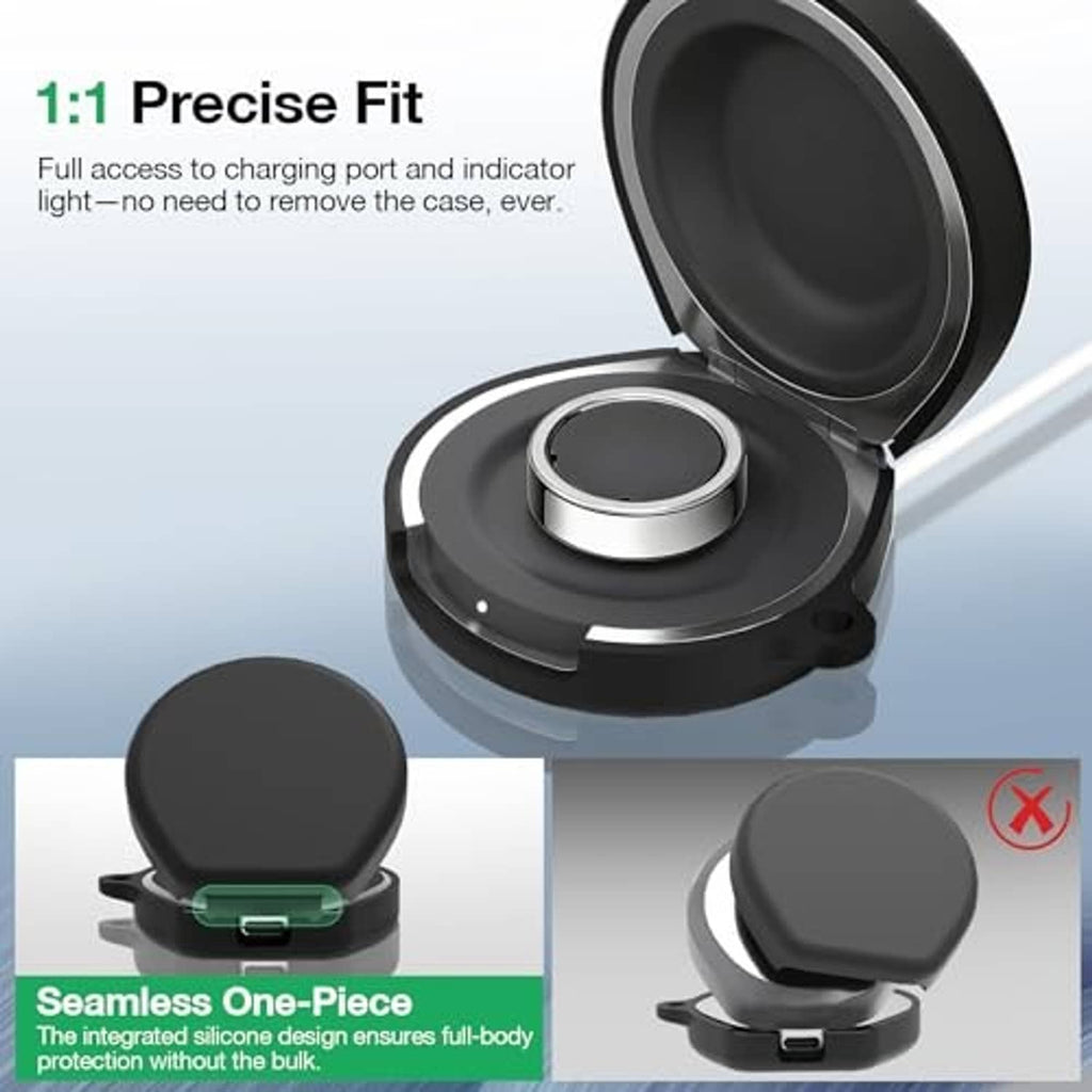 Black silicone charging case cover open, showing circular charging dock and hinge/lock cutout.