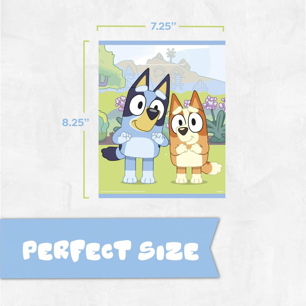 Bluey loot bag with Bluey and friends print, 7.25 x 8.25 size label