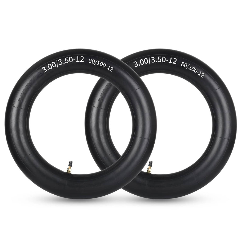 Black dirt bike inner tube set with 3.00/3.50-12 valve stems, two-pack view
