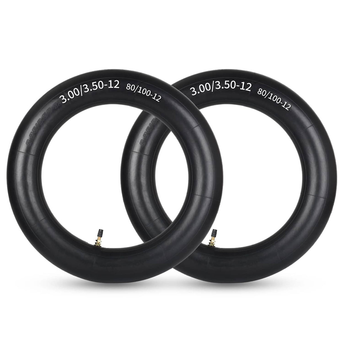 Black dirt bike inner tube set with 3.00/3.50-12 valve stems, two-pack view