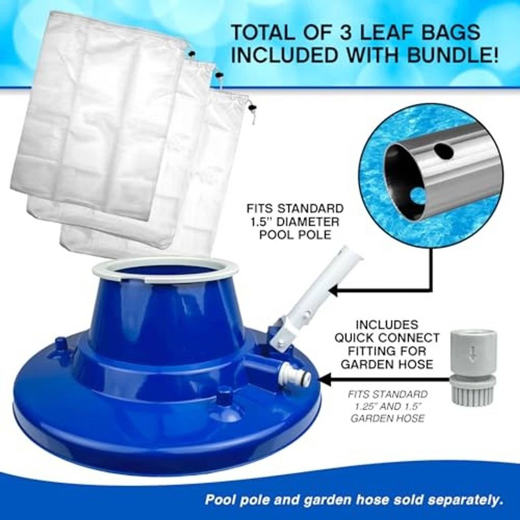 Blue pool leaf vacuum head with hose adapter and three white collection bags