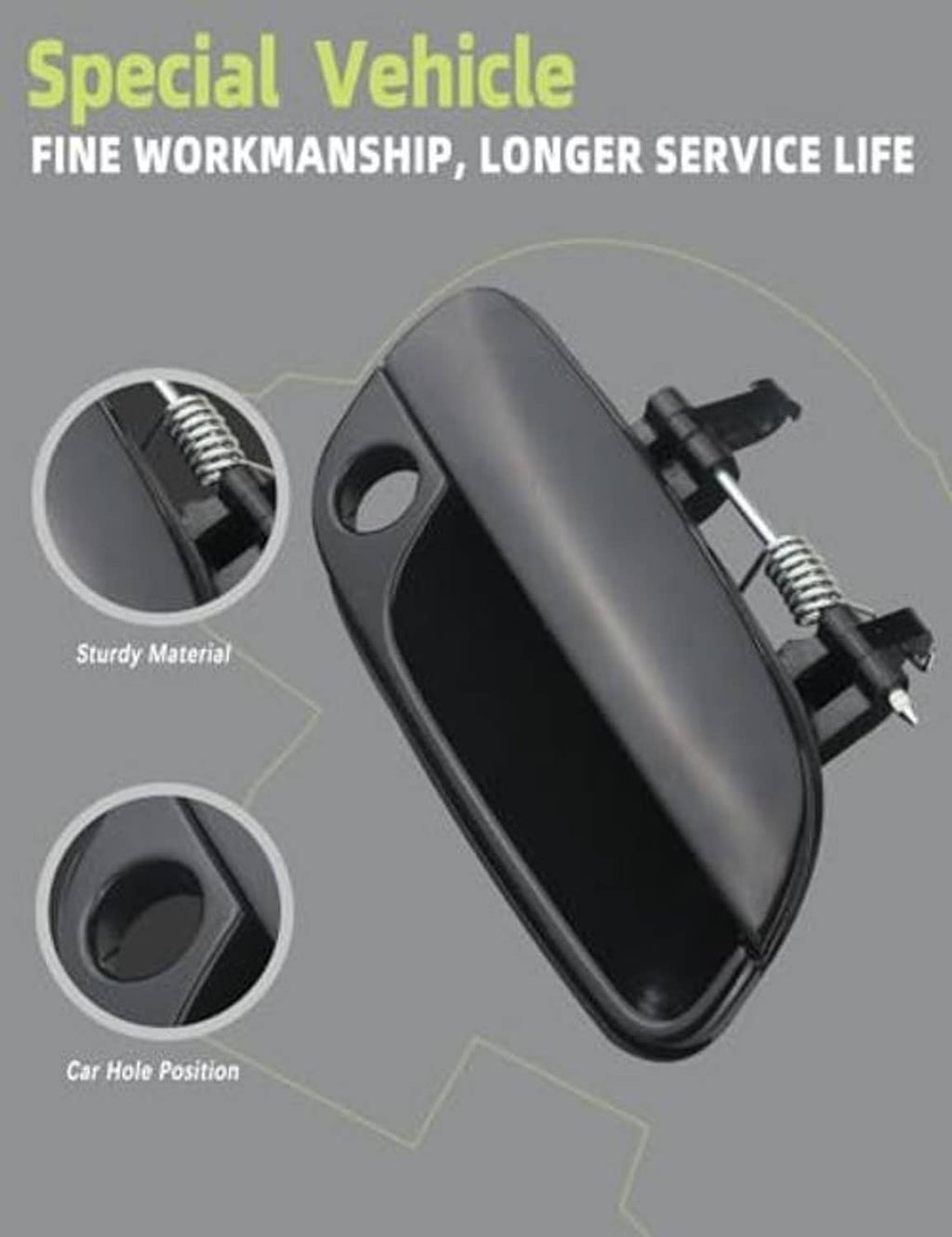 Passenger-side exterior door handle, dark gray/black, shown with circular detail views
