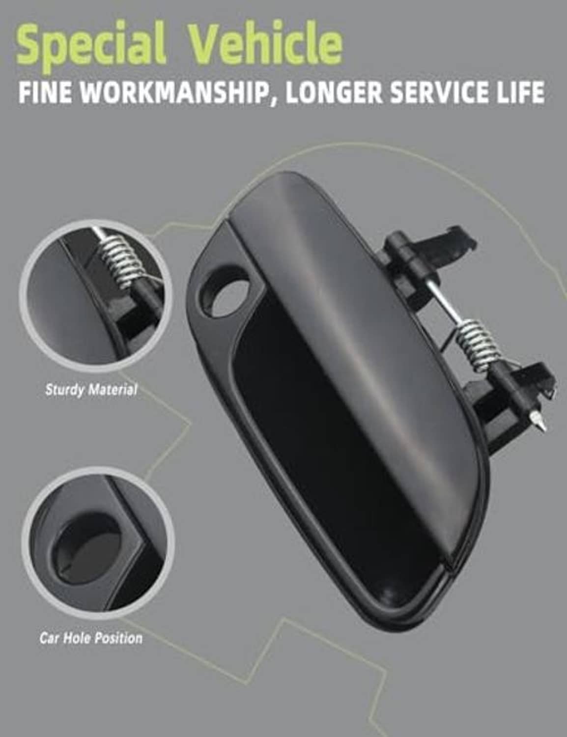 Passenger-side exterior door handle, dark gray/black, shown with circular detail views