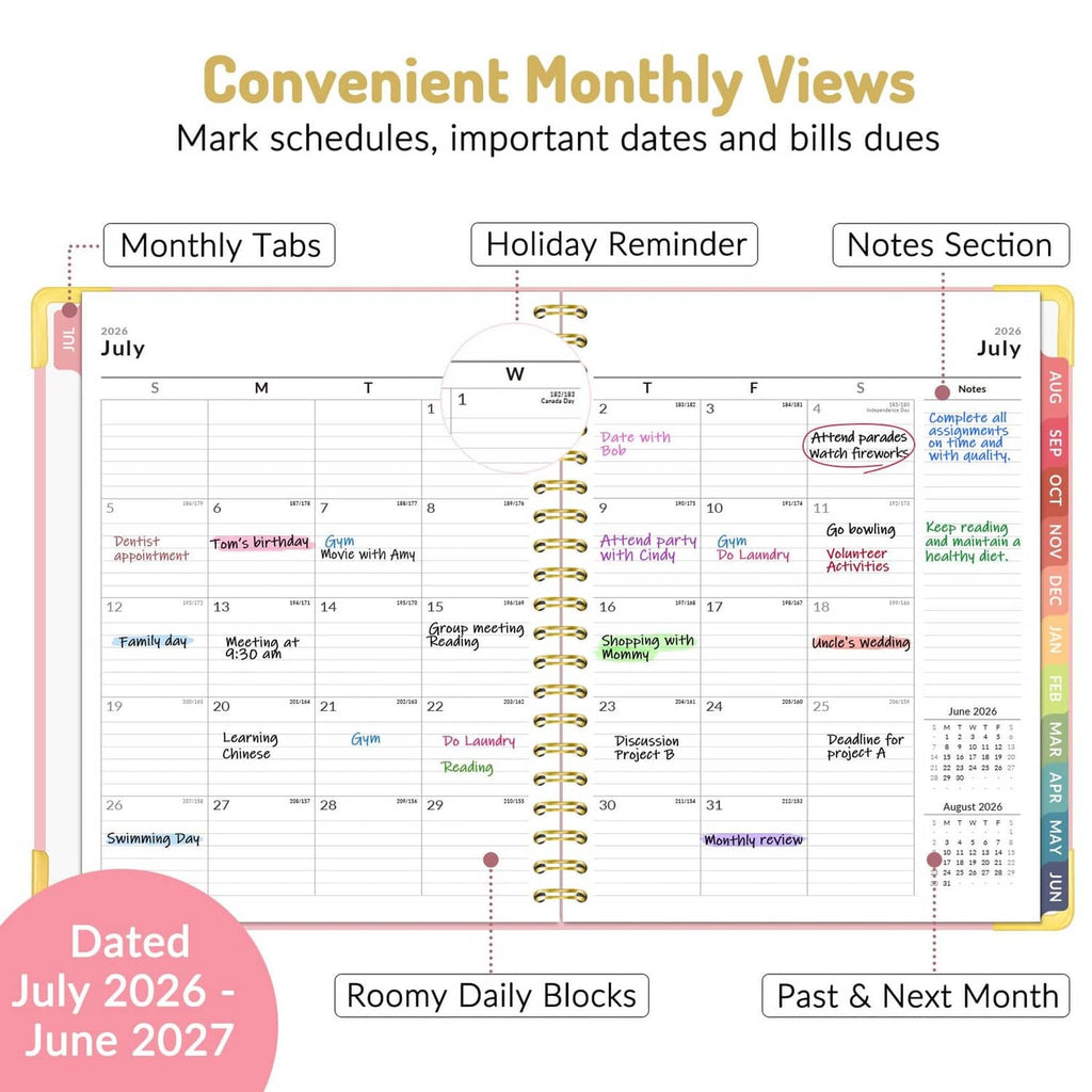 Monthly planner pages for July 2026–June 2027, dated calendar spread with notes.