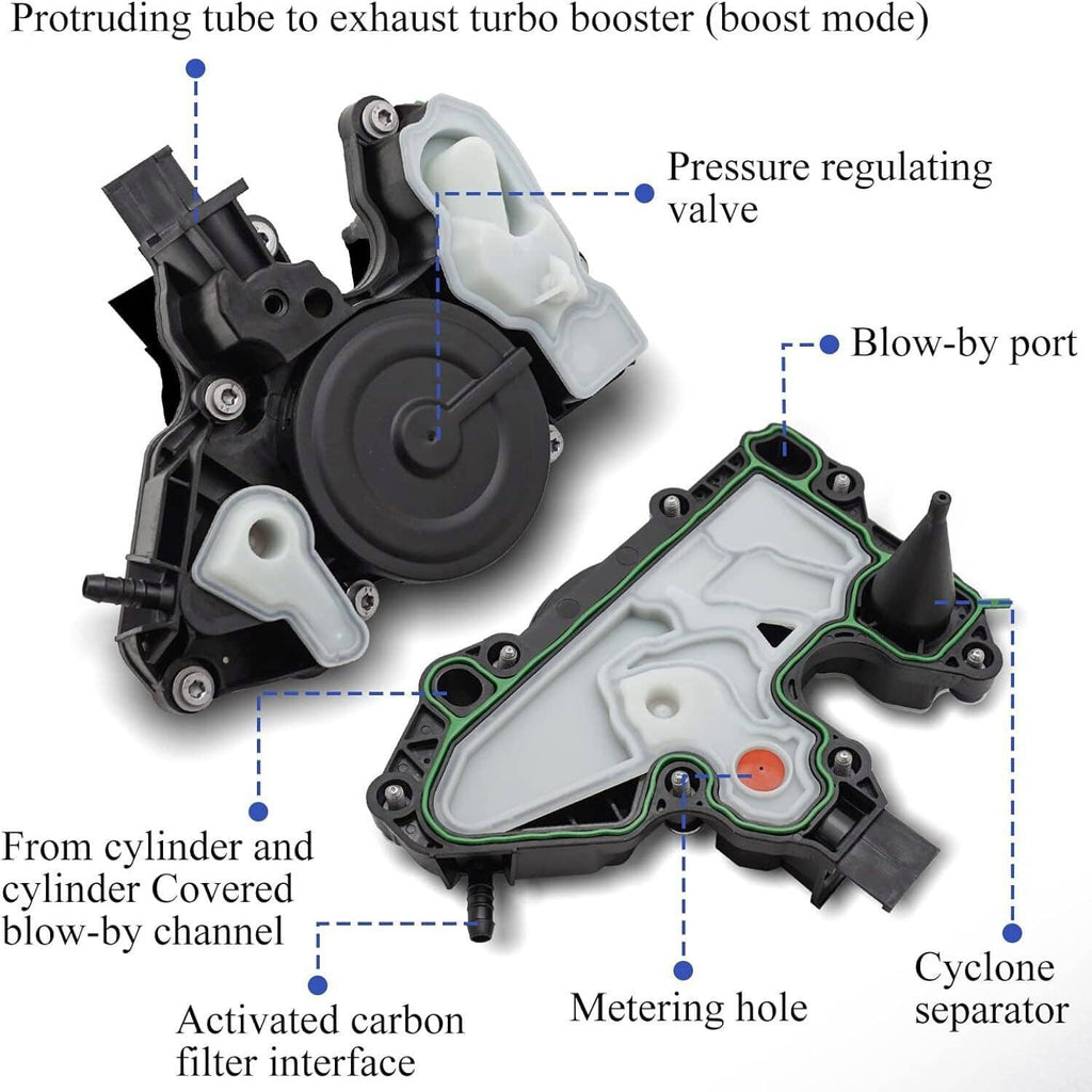 PCV valve oil separator showing internal ports and metering hole on black and white parts