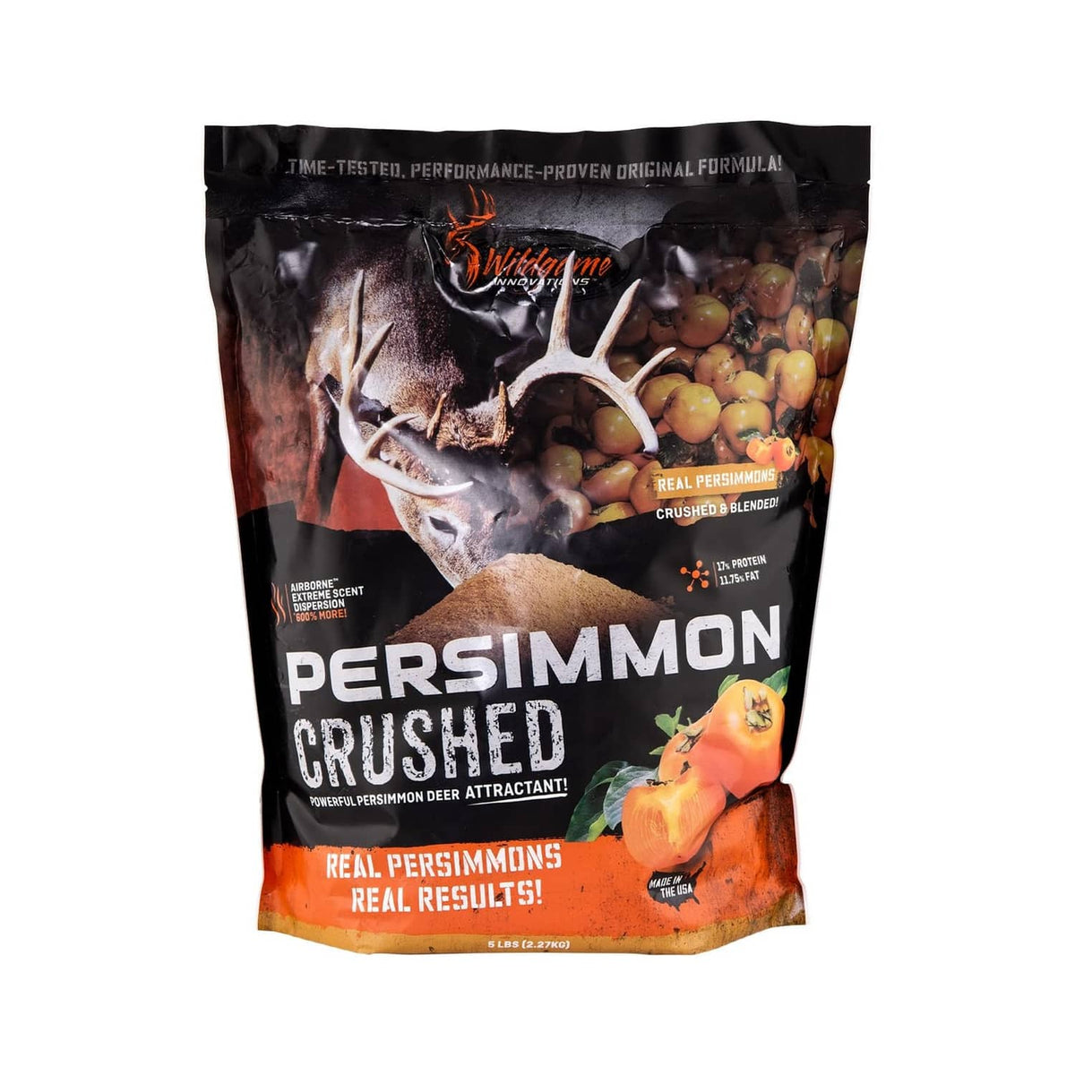 Crushed persimmon deer attractant bag, black and orange with deer and fruit graphics