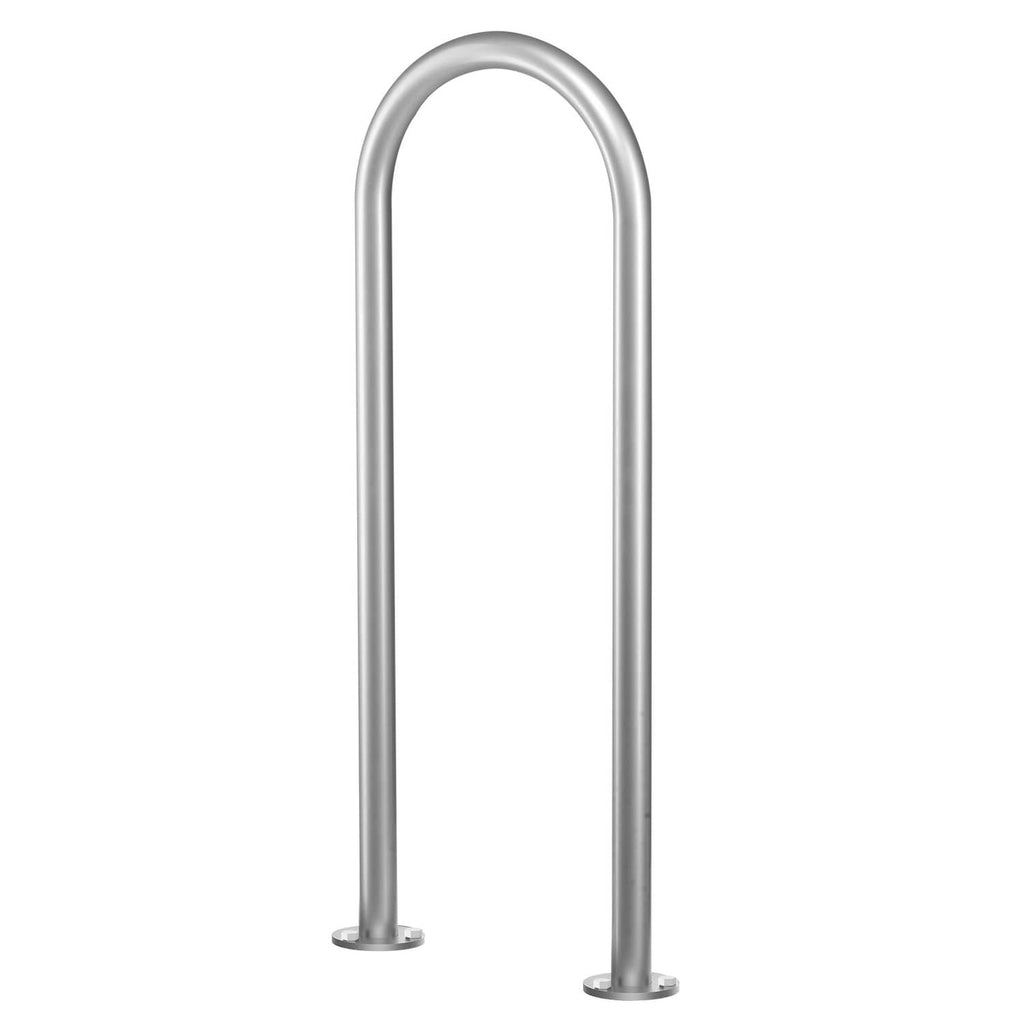 Two curved silver-gray aluminum handrails mounted on dock with round base plates