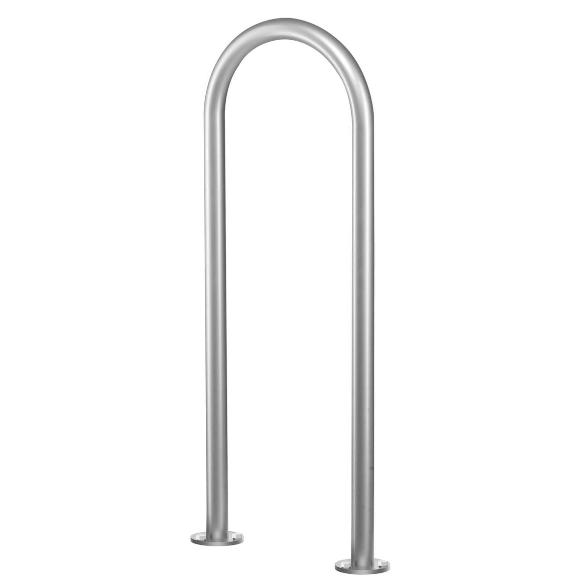 Two curved silver-gray aluminum handrails mounted on dock with round base plates