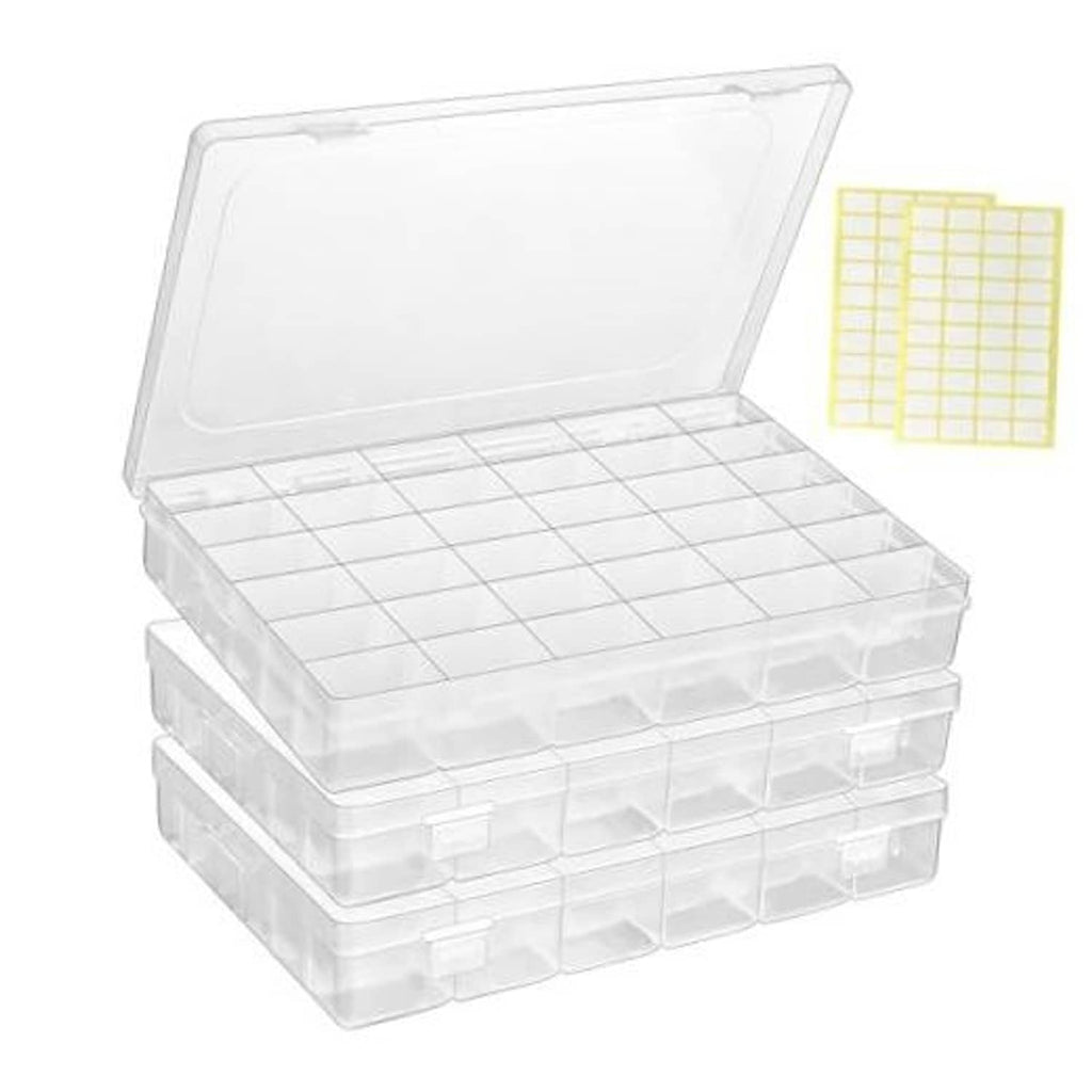 Clear plastic grid organizer boxes set, open lid showing divided compartments on top tray