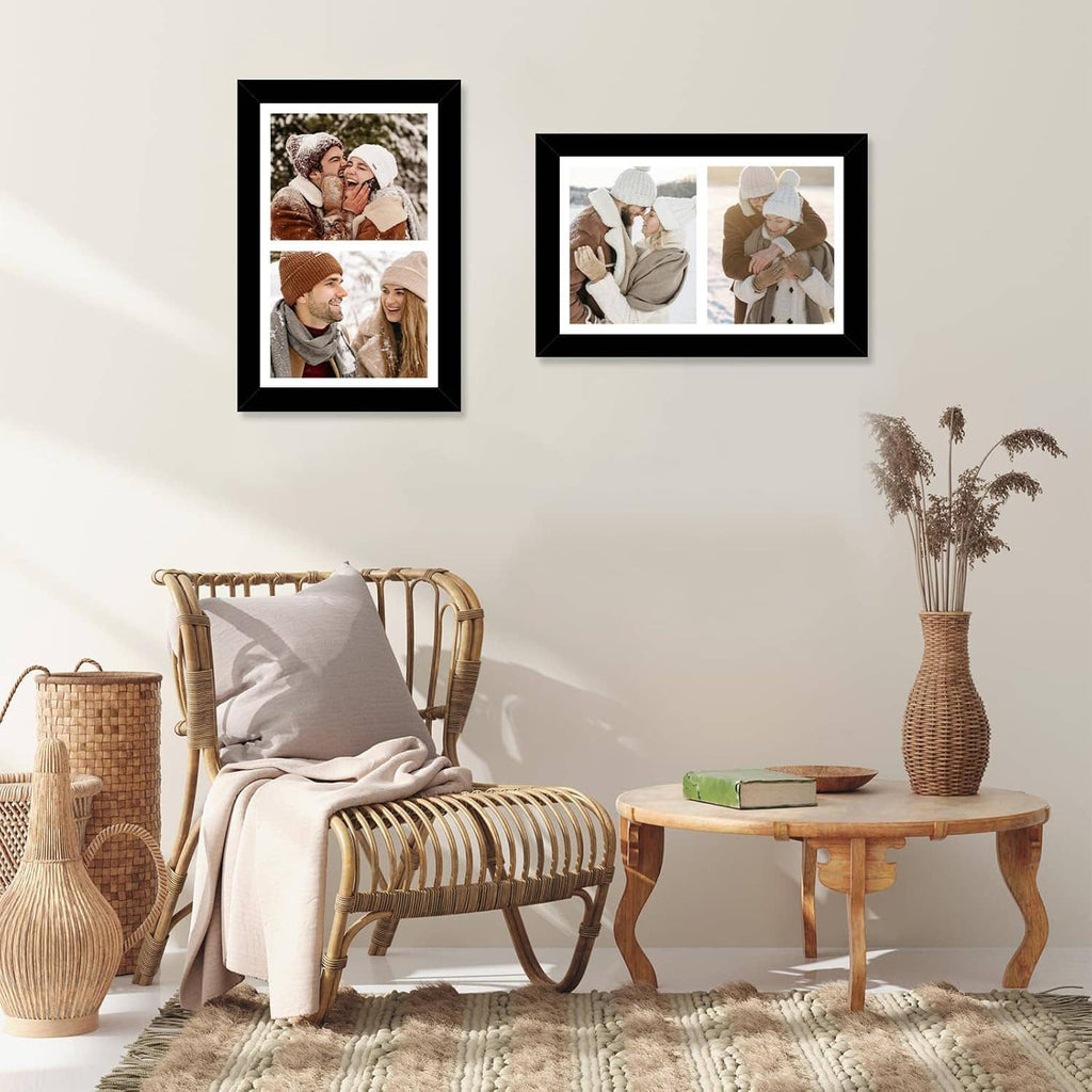 Black double photo frame displaying two portrait photos on a wall