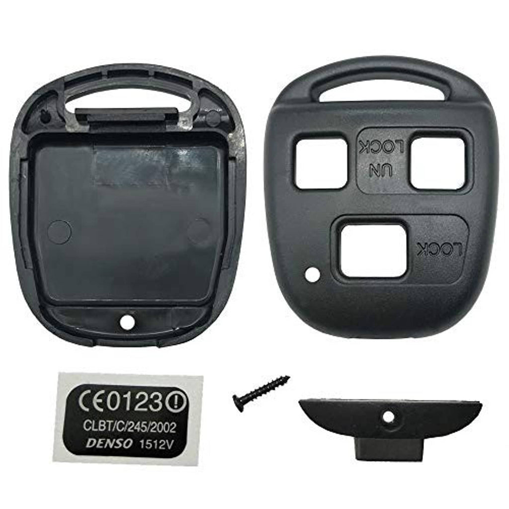 Black key fob shell, open and closed halves, with screws and transponder label