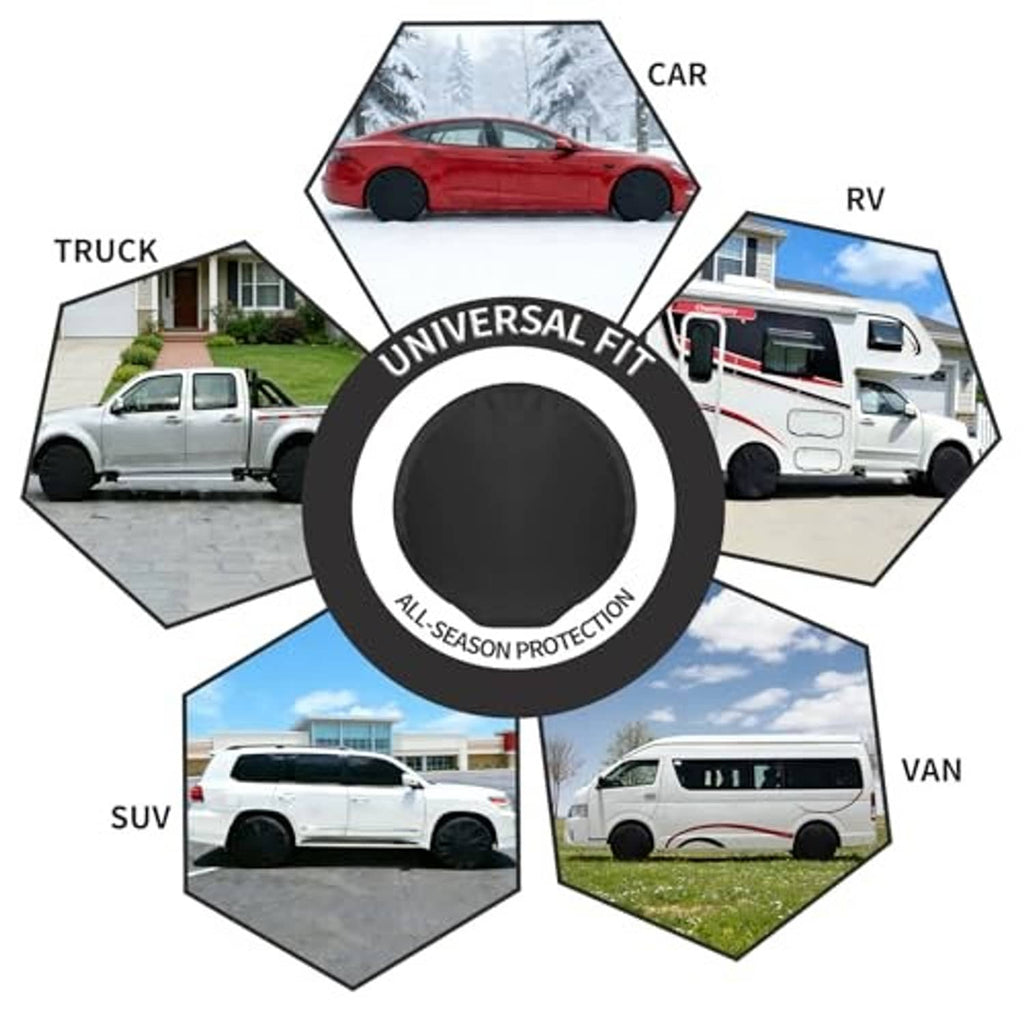 Black universal-fit spare tire cover for RV, truck, SUV, and van wheels