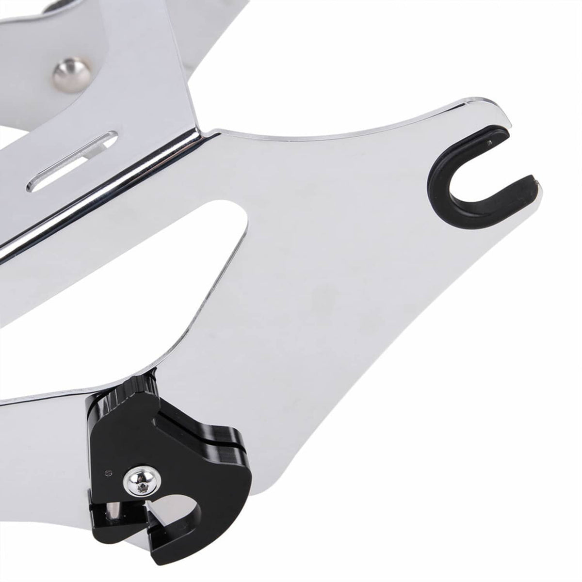 Close-up of black bracket and silver hardware on a silver rack plate