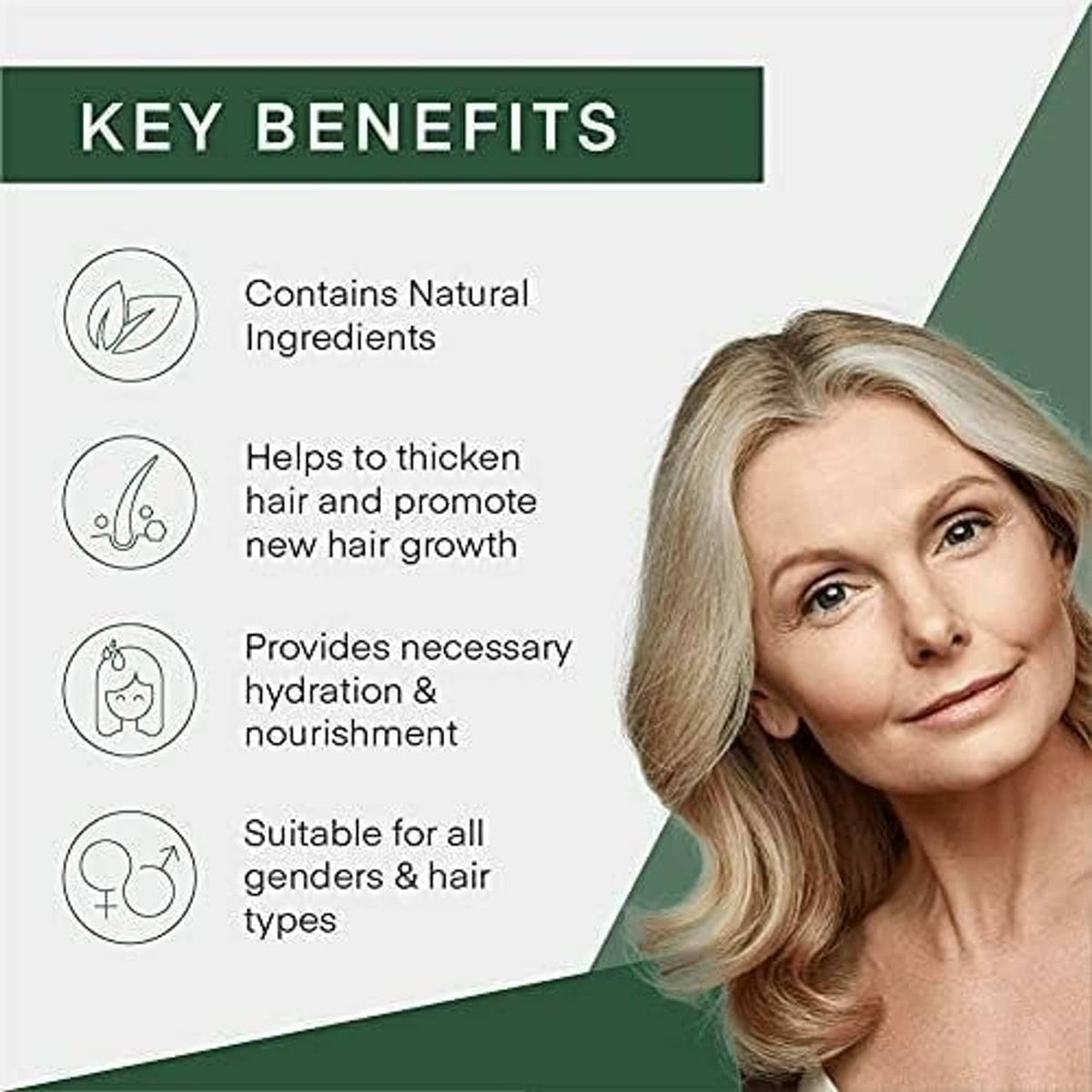 Thickening shampoo and conditioner key benefits panel with smiling woman portrait