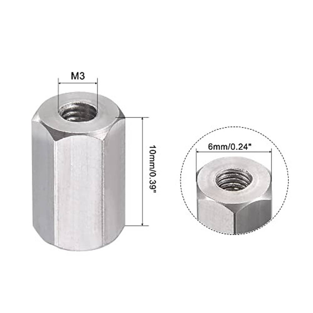 M3 hex coupling, 10mm length, polished stainless steel; close-up of internal thread