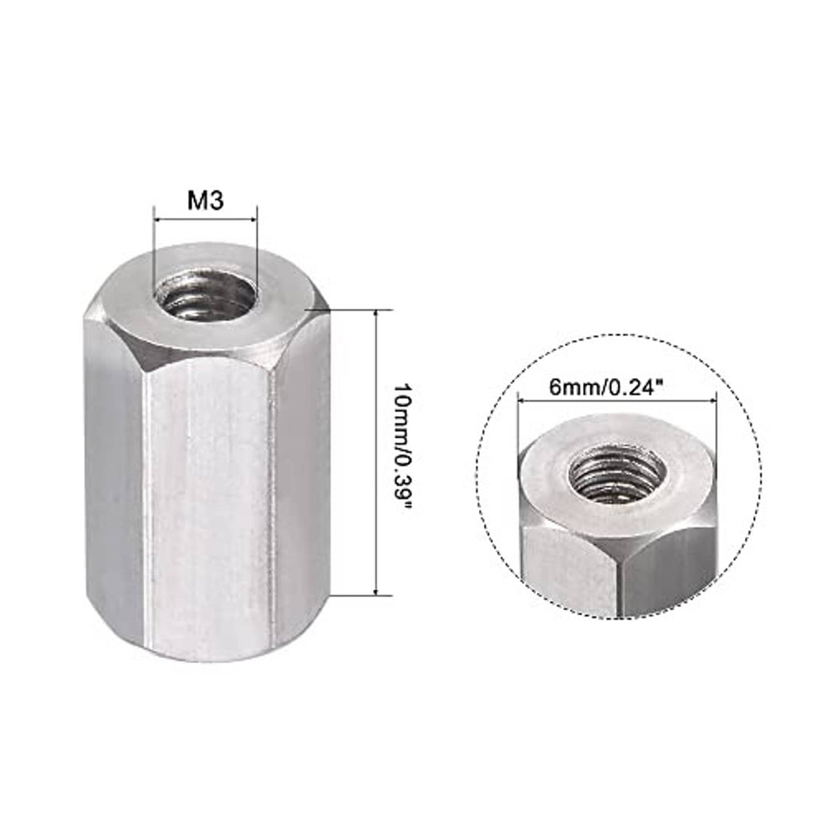 M3 hex coupling, 10mm length, polished stainless steel; close-up of internal thread