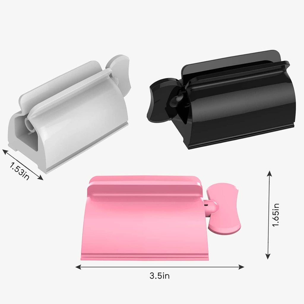Toothpaste tube squeezer size diagram: pink holder with clamp lever, labeled dimensions