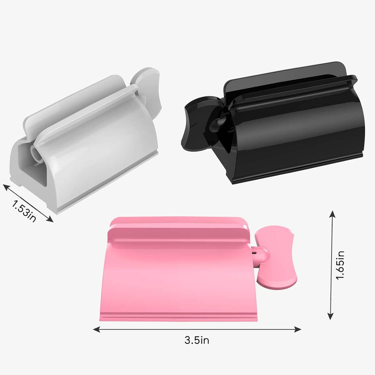 Toothpaste tube squeezer size diagram: pink holder with clamp lever, labeled dimensions