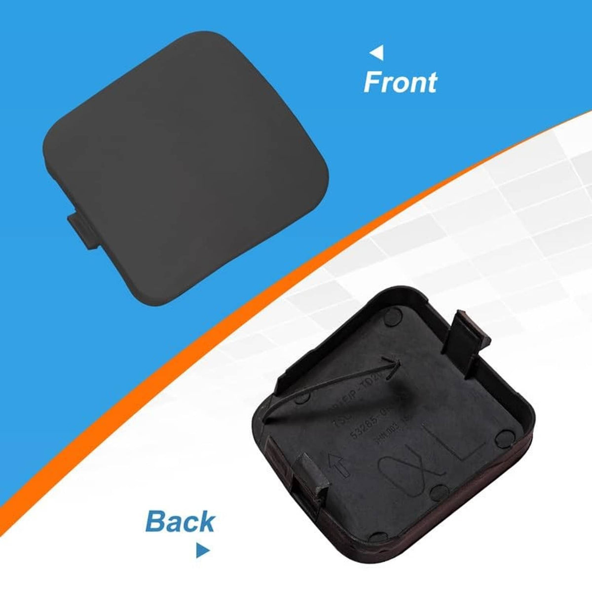 Tow hook cover cap, black plastic, front and back snap-on design