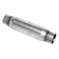 Metal exhaust resonator with flared inlet and outlet ends, cylindrical welded body