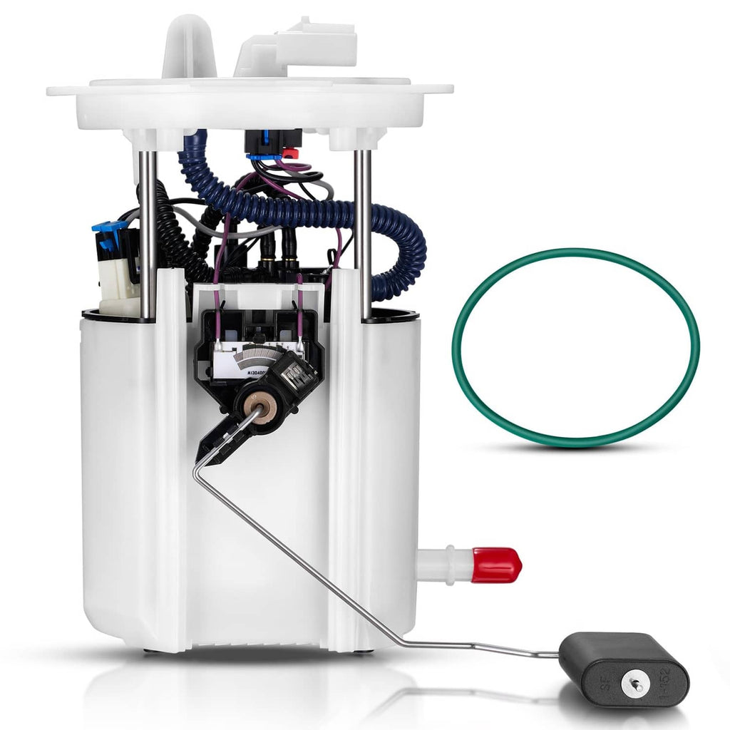 Electric fuel pump assembly with wiring harness, white housing, and green O-ring seal