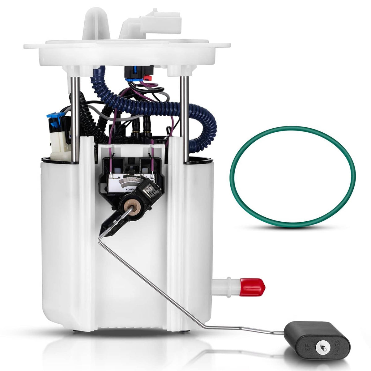Electric fuel pump assembly with wiring harness, white housing, and green O-ring seal