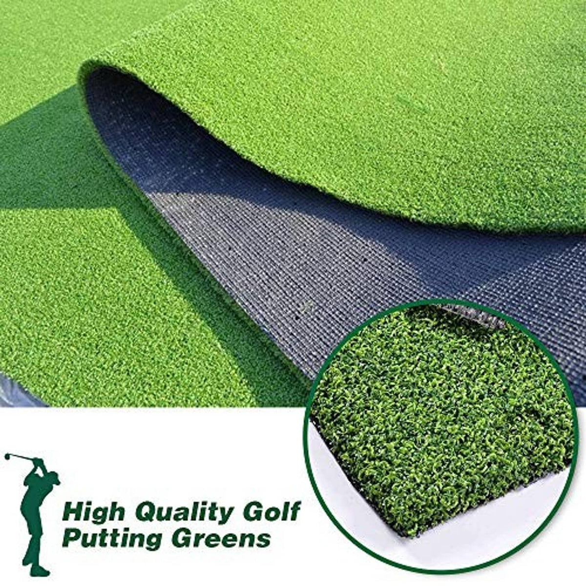 Artificial grass putting green mat with dark underside backing and curved edge