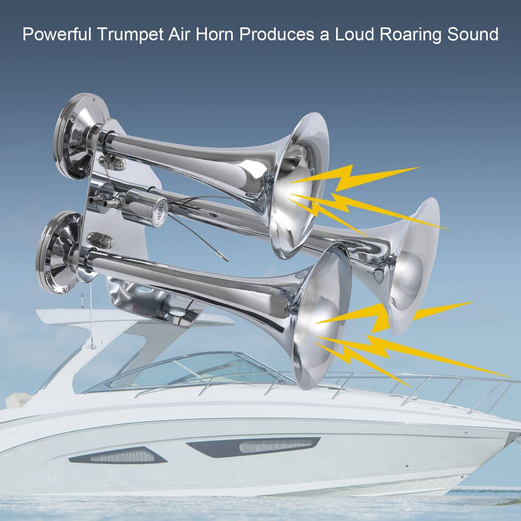 Triple trumpet air horn with chrome bells and loud sound wave effect