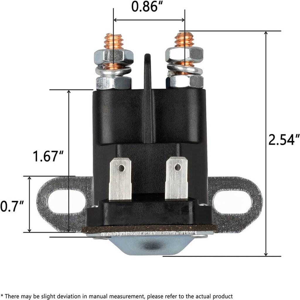 Starter relay solenoid with black housing, copper terminals, and side mounting ears