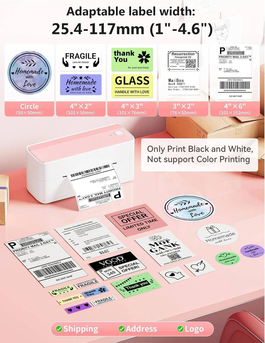 Pink and white Bluetooth thermal label printer showing multiple label sizes