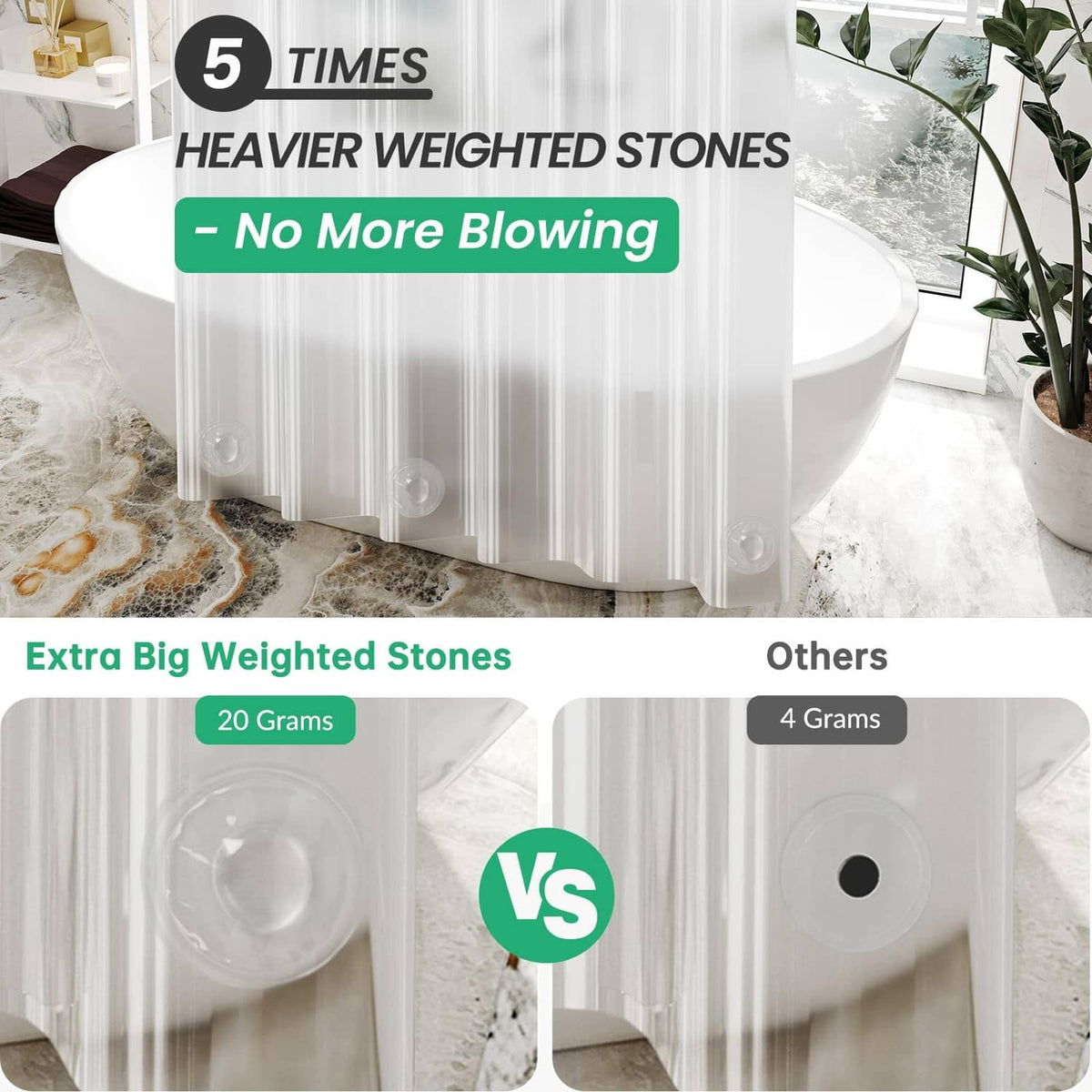 Clear shower curtain liner with heavy weighted stones along the bottom edge