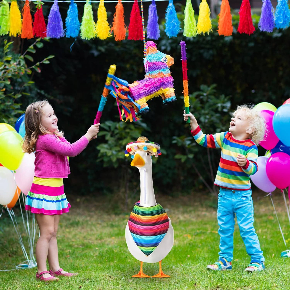 Multicolor porch goose outfit with straw sombrero, pom-pom trim, and rainbow striped wrap