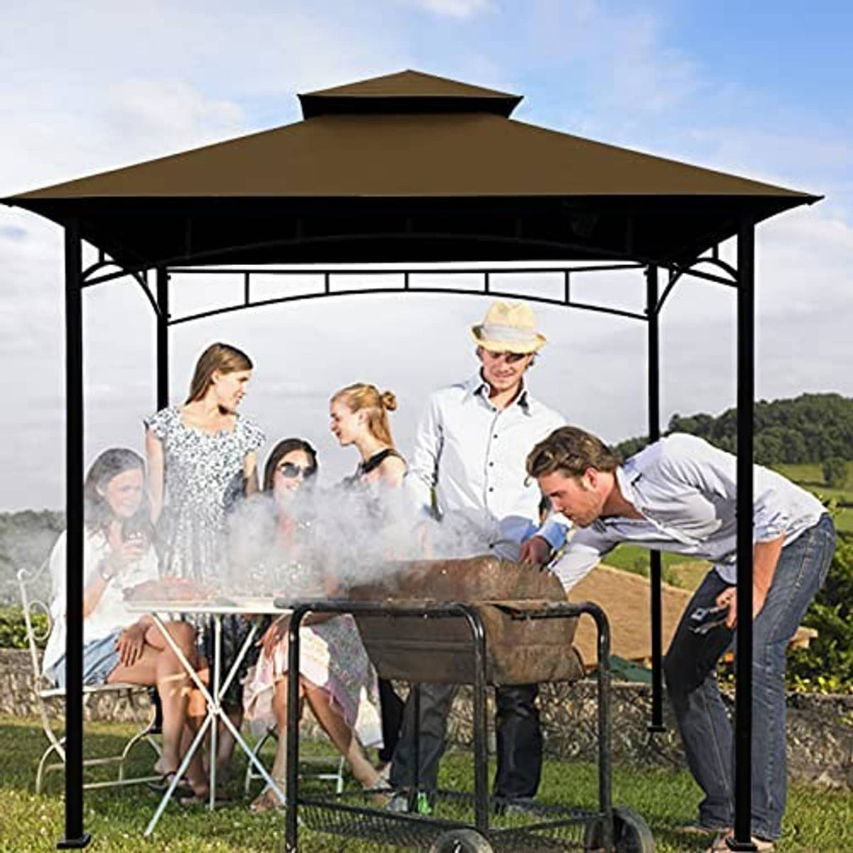 Brown outdoor grill gazebo canopy top with open sides and black metal posts