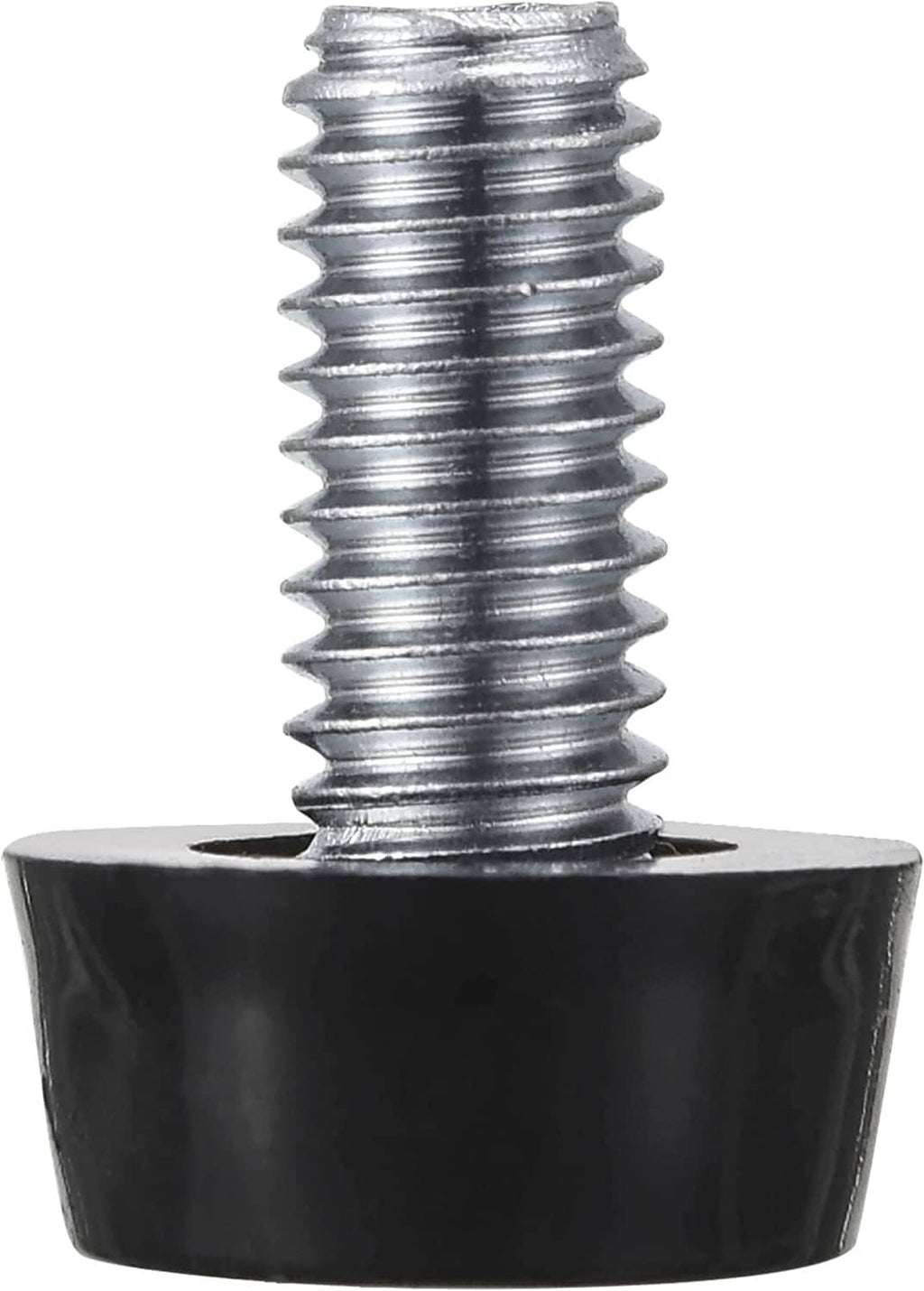 Close-up of black screw-in furniture leveler with silver threaded screw and base
