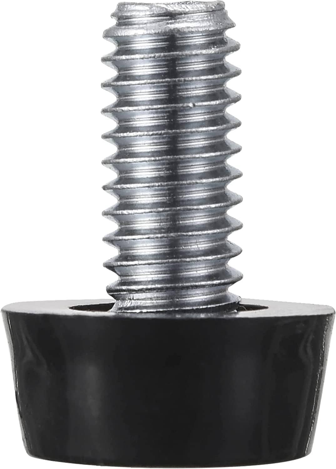 Close-up of black screw-in furniture leveler with silver threaded screw and base