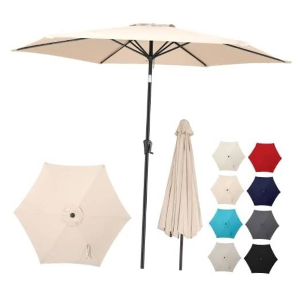 Beige patio umbrella with black pole, push-button tilt, open canopy