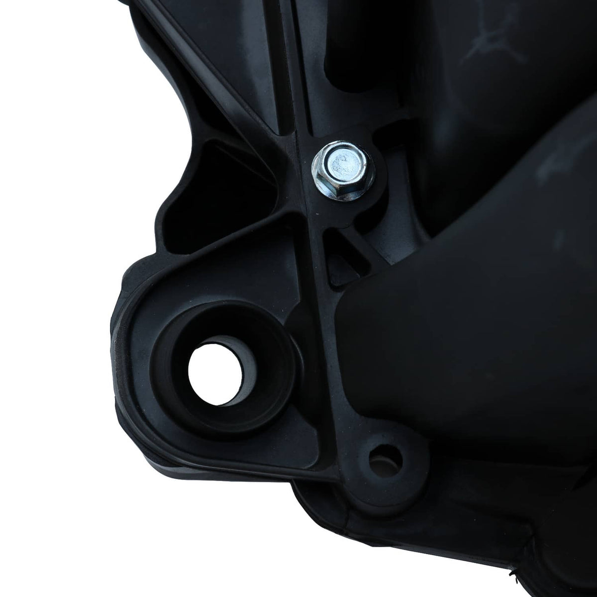 Black intake manifold bracket with round hole and threaded fastener