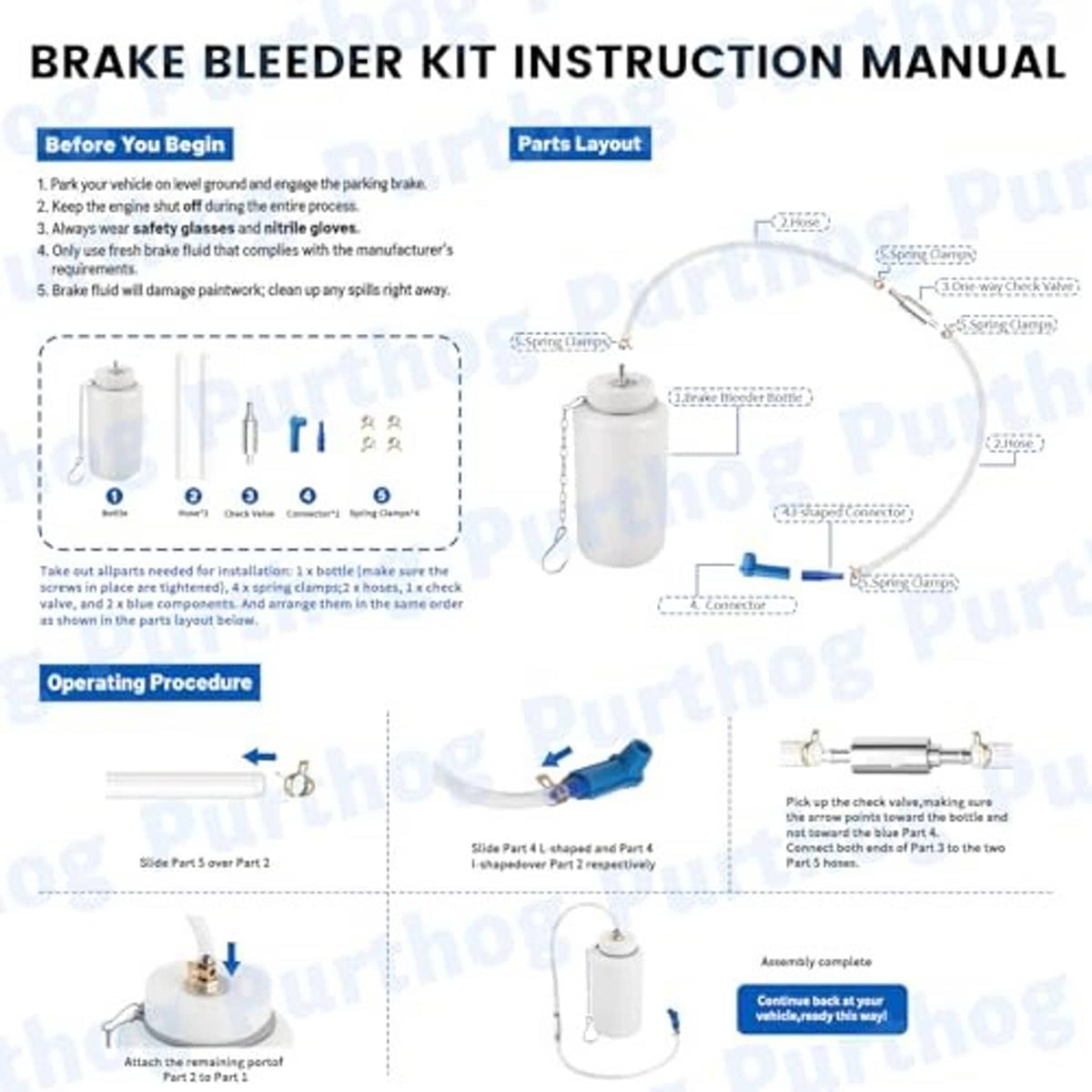Brake bleeder kit instruction manual diagram showing bottle, hose, and one-way valve