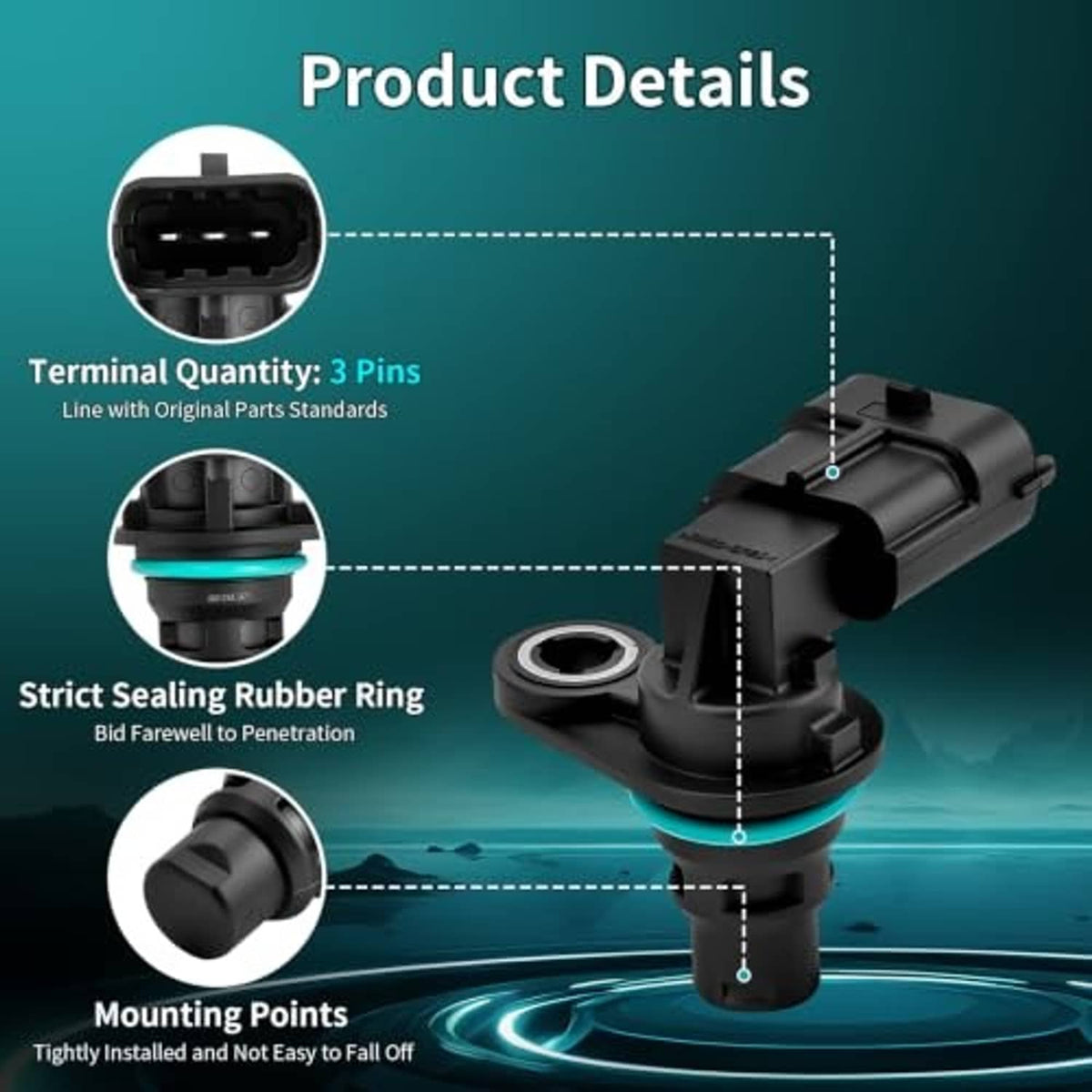 3-pin camshaft position sensor product details diagram, sealing rubber ring and mounting points