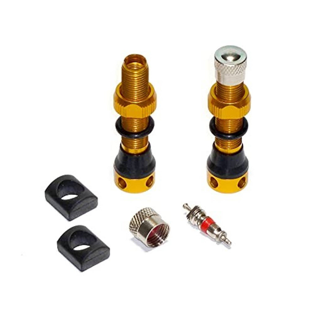 Pair of gold tubeless Schrader valve stems with Schrader cores and black rubber bases