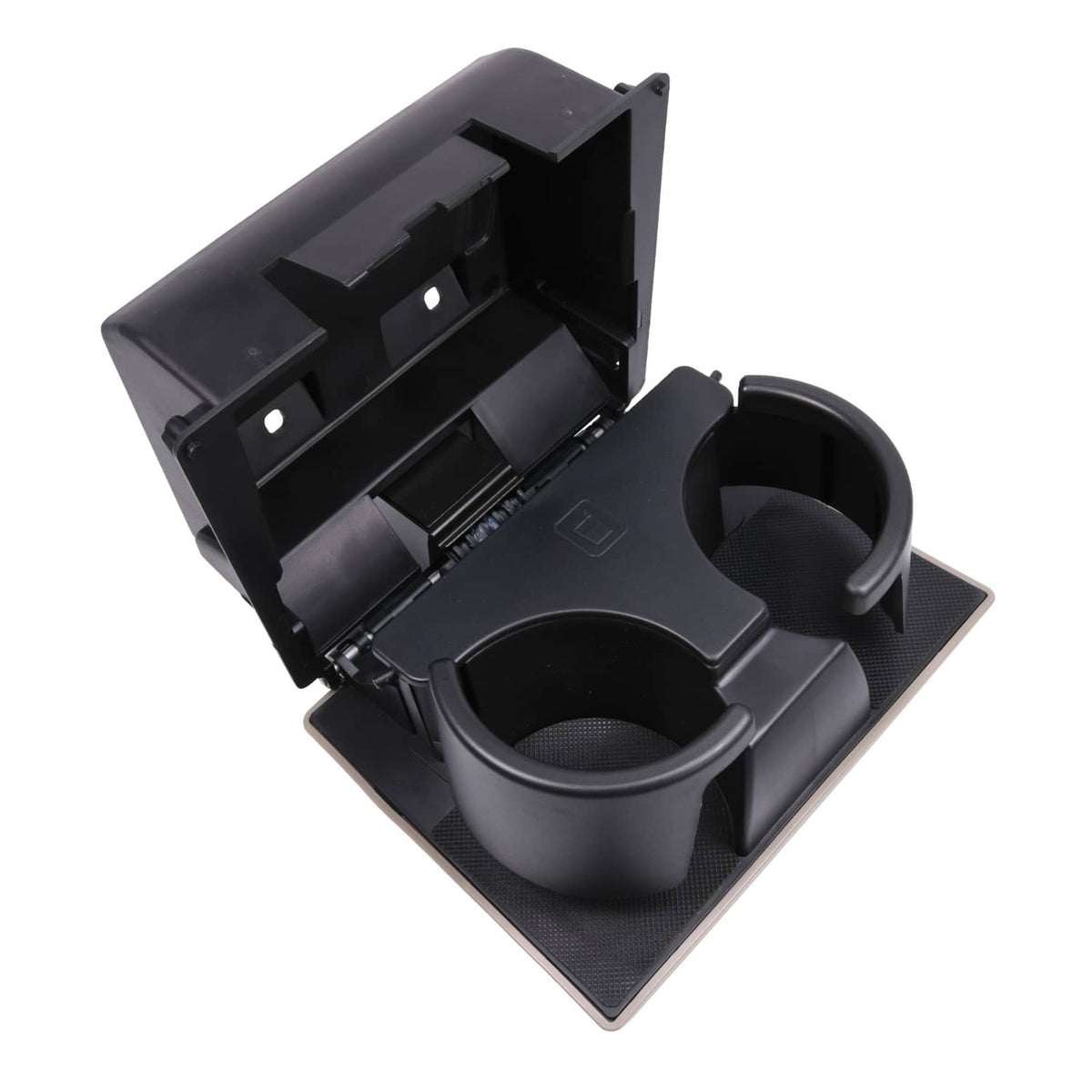 Dashboard cup holder insert open view with two cup wells and mounting brackets