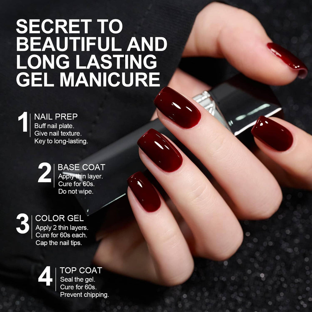Dark red gel manicure on fingers; glossy nails shown with step-by-step layout.