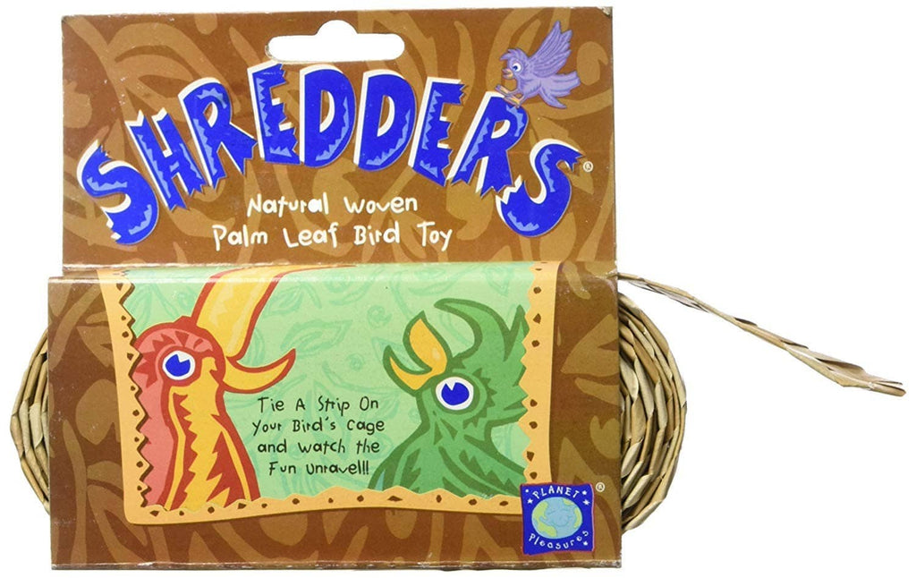Packaged bird shredder toy with woven palm-leaf bundle and dangling string