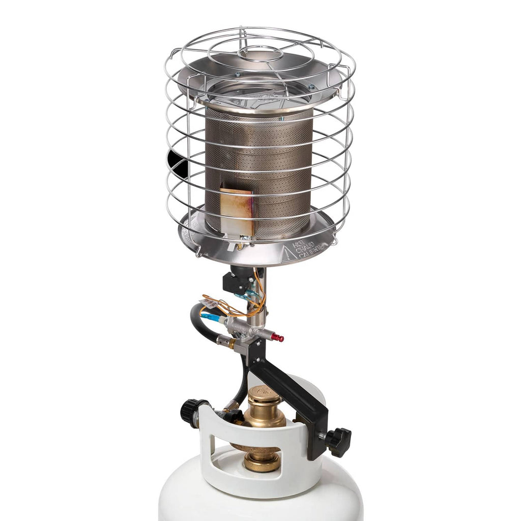 Propane infrared radiant heater with wire guard and burner valve, for outdoor use
