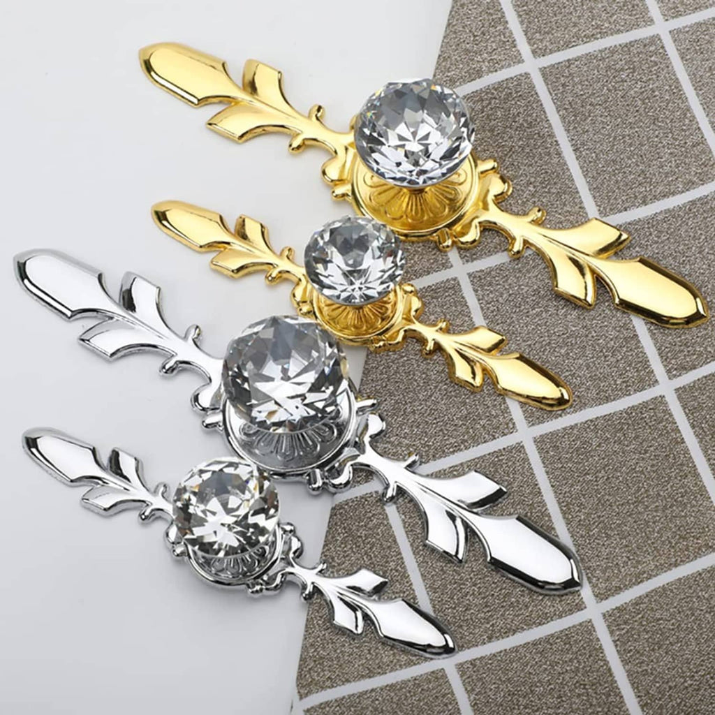 Gold and silver decorative crystal glass drawer knobs with clear faceted stones and leaf arms